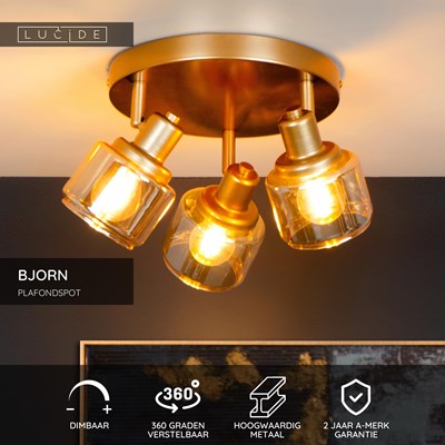 Lucide BJORN - Plafondspot - Ø 38 cm - 3xE14 - Mat Goud / Messing
